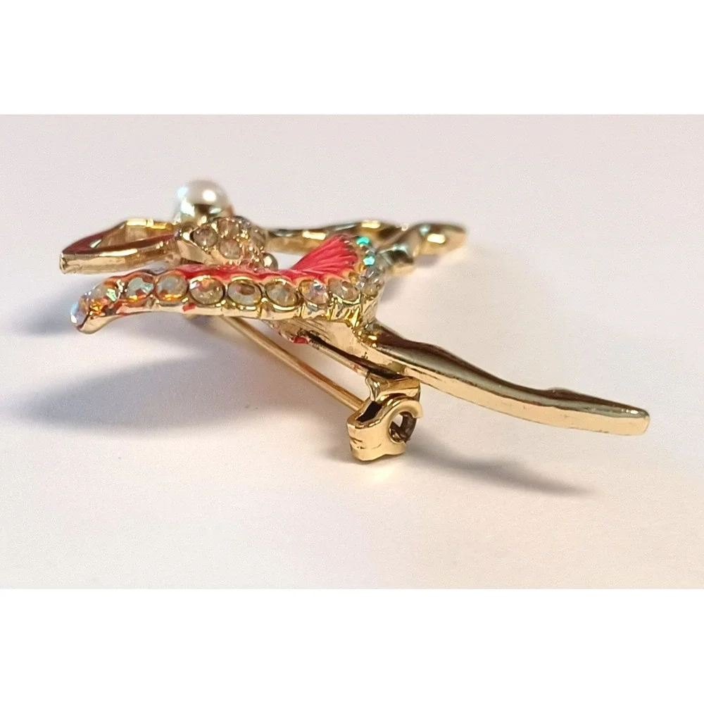 Ballerina Dancer Brooch Pin Gold Tone Red Enamel Rhinestone Faux Pearl Accent